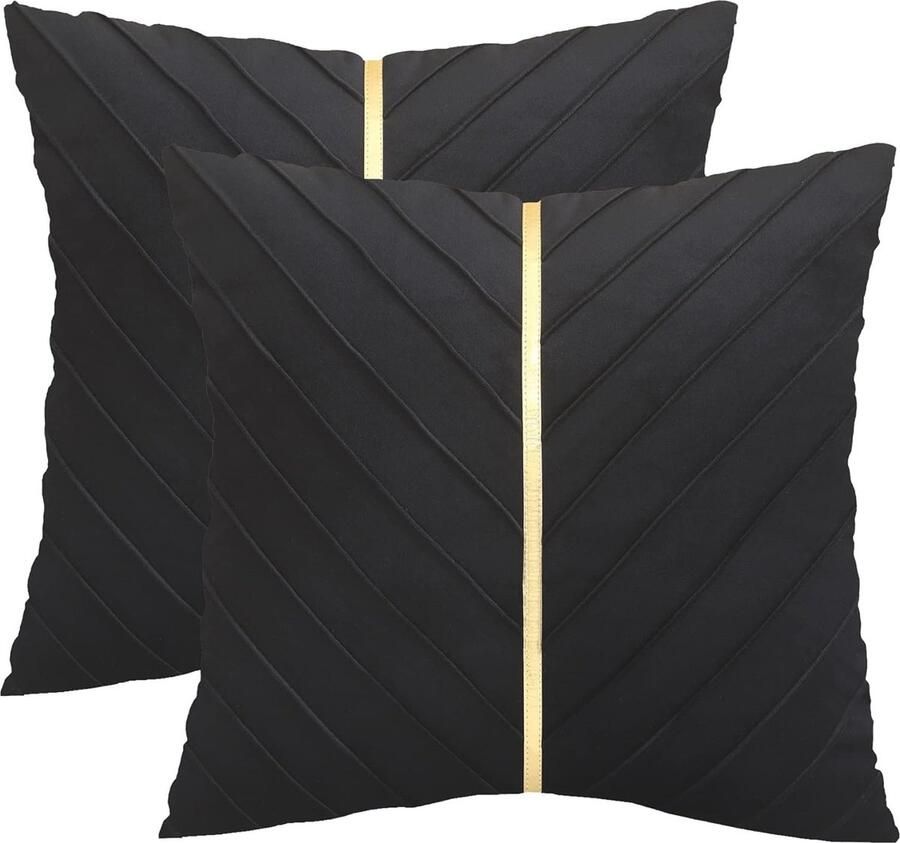 Set van 2 Zwarte Fluwelen Kussenslopen met Goudkleurig Leer Luxe Decoratieve Kussens voor Bank en Slaapkamer 45 x 45 cm