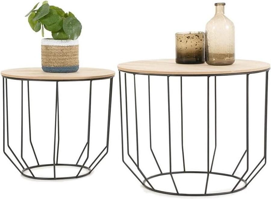 Set van 2 Zwarte Industriële Bijzettafels Opbergmanden Houten en Metalen Salontafels Ronde Moderne Koffietafels voor Woonkamer en Slaapkamer Bijzettafel - Foto 2