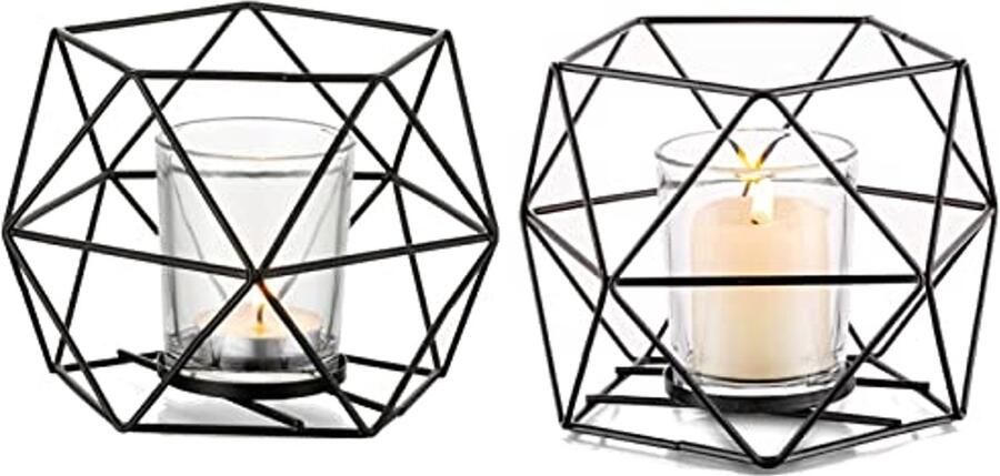 Set van 2 Zwarte Metalen Theelichthouders Elegante Geometrische Decoratie voor Tafels