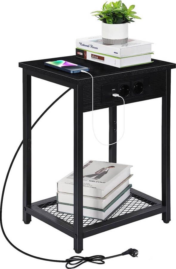 Set van 2 zwarte nachtkastjes met stopcontacten en 3 USB-poorten minimalistisch houten nachtkastje met oplaadfunctie laadstation bijzettafel voor slaapkamer woonkamer - Foto 2