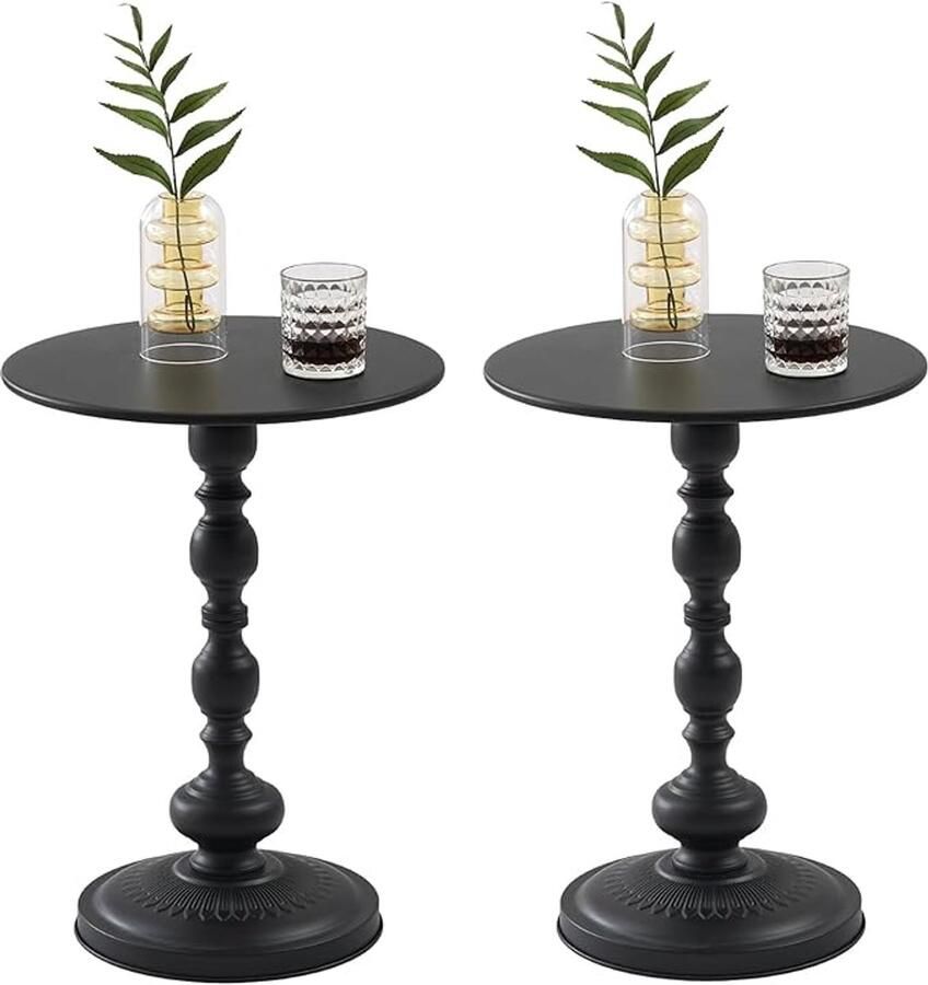 Set van 2 Zwarte Ronde Salontafels – Vintage Stijl voor Woonkamer & Nachtkastje