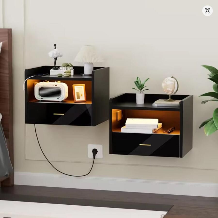 Set van 2 Zwevende Nachtkastjes met LED Verlichting & USB – Wand Nachtkastje met Stopcontact Afstandsbediening & Opberglade – Modern Design – Zwart