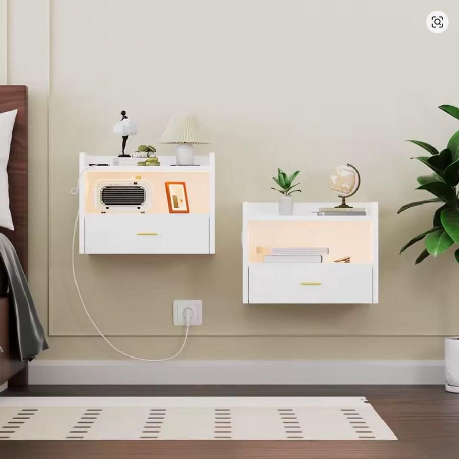 Set van 2 Zwevende Nachtkastjes met LED Verlichting & USB – Wand Nachtkastje met Stopcontact Afstandsbediening & Opberglade – Modern Design – wit