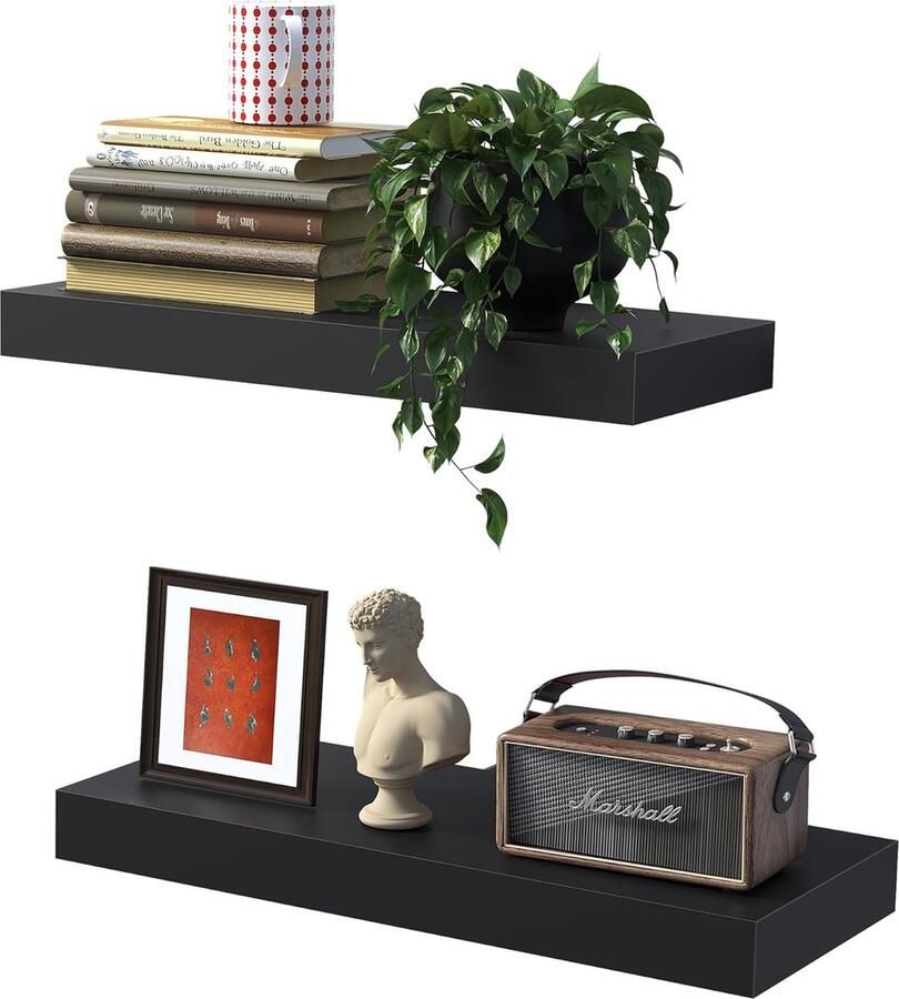 Set van 2 zwevende wandplanken 40 cm boekenkast zwevende plank houten plank voor wanddecoratie en opslag draagvermogen van 10 kg zwart