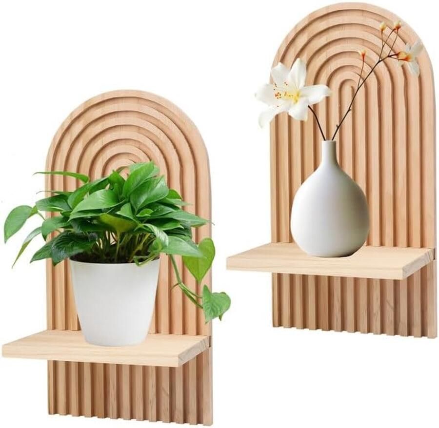 Set van 2 Zwevende Wandplanken – Boho Design in Hout Perfect voor Planten & Decoratie