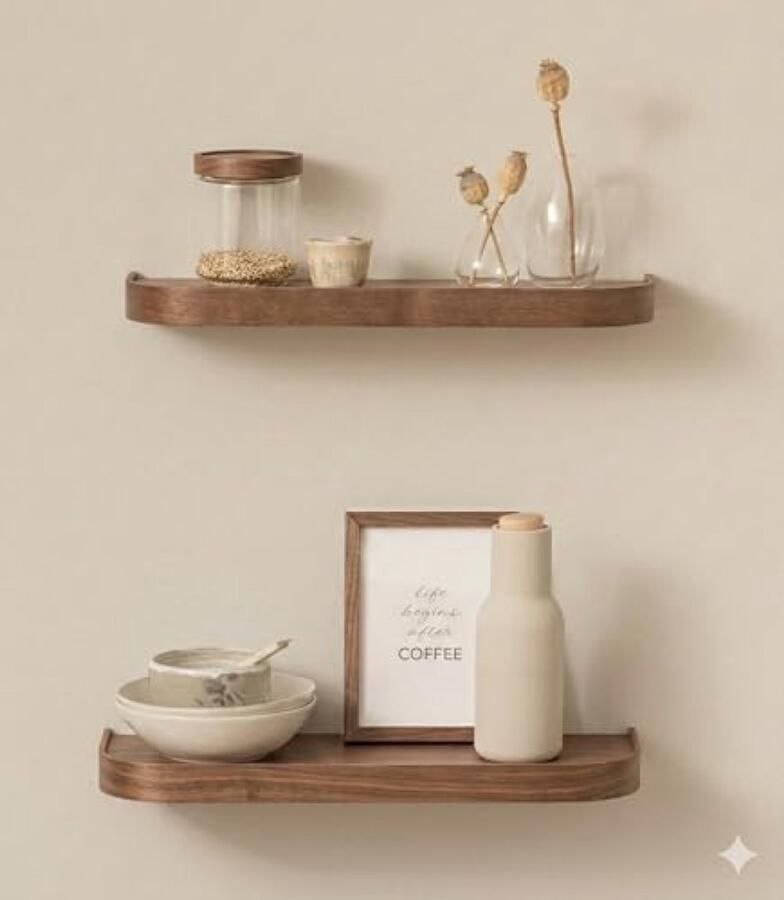 Set van 2 zwevende wandplanken in walnootfineer Scandinavisch design voor opbergruimte en decoratie