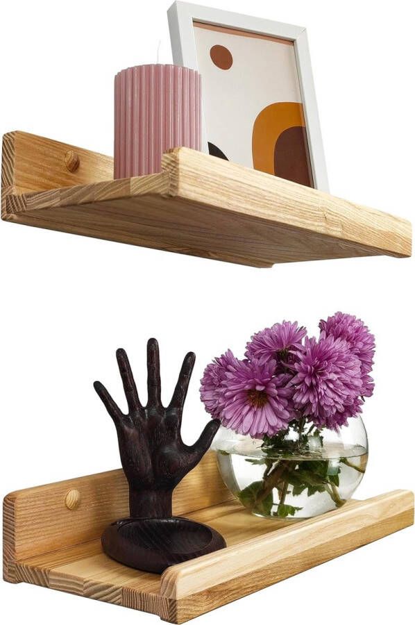 Set van 2 zwevende wandplanken rustieke houten planken met lip kinderboekenrekken foto- en fotorek voor slaapkamer woonkamer badkamer keuken kantoor (natuurlijk 30 cm)