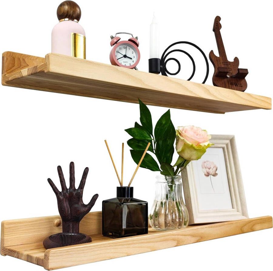 Set van 2 zwevende wandplanken rustieke houten rekken met lip kinderboekenplanken foto- en fotorek voor slaapkamer woonkamer badkamer keuken kantoor (natuurlijk 60 cm)