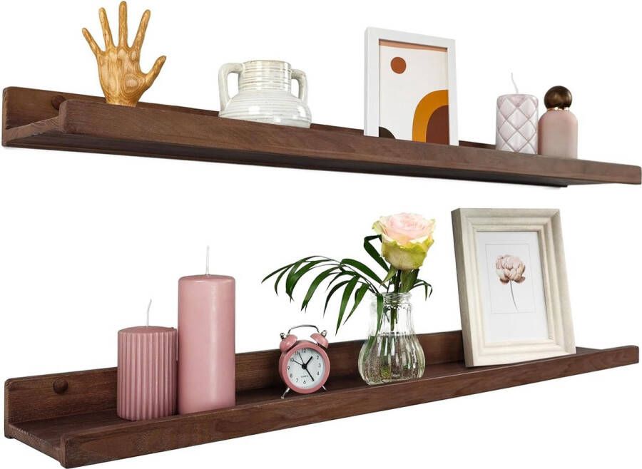 Set van 2 zwevende wandplanken rustieke houten rekken met lip kinderboekenplanken foto en fotorek voor slaapkamer woonkamer badkamer keuken kantoor (walnoot 90 cm)