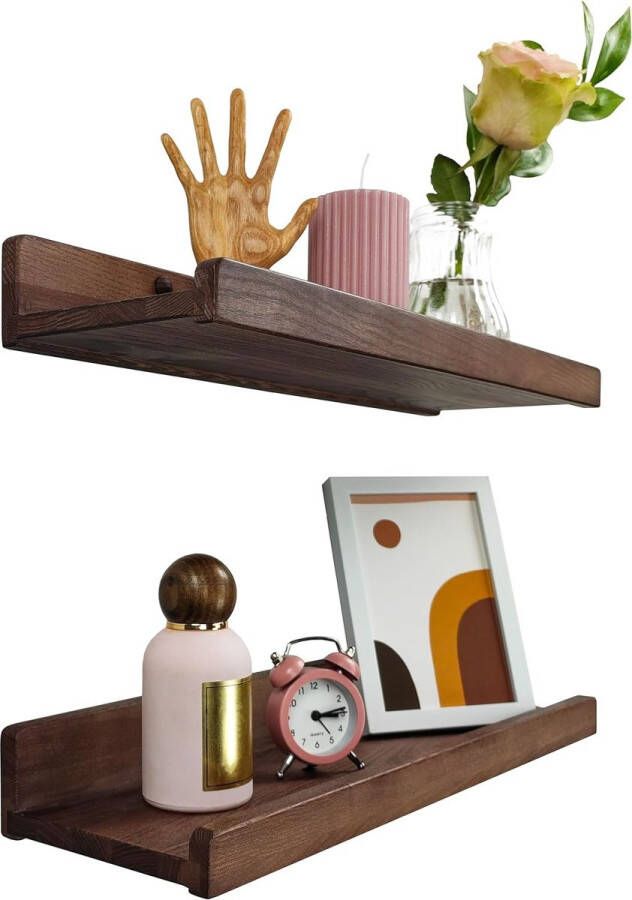 Set van 2 zwevende wandplanken van hout rustieke houten planken met lip kinderboekenplanken foto- en fotoplank voor slaapkamer woonkamer badkamer keuken kantoor (notenhout 40 cm)