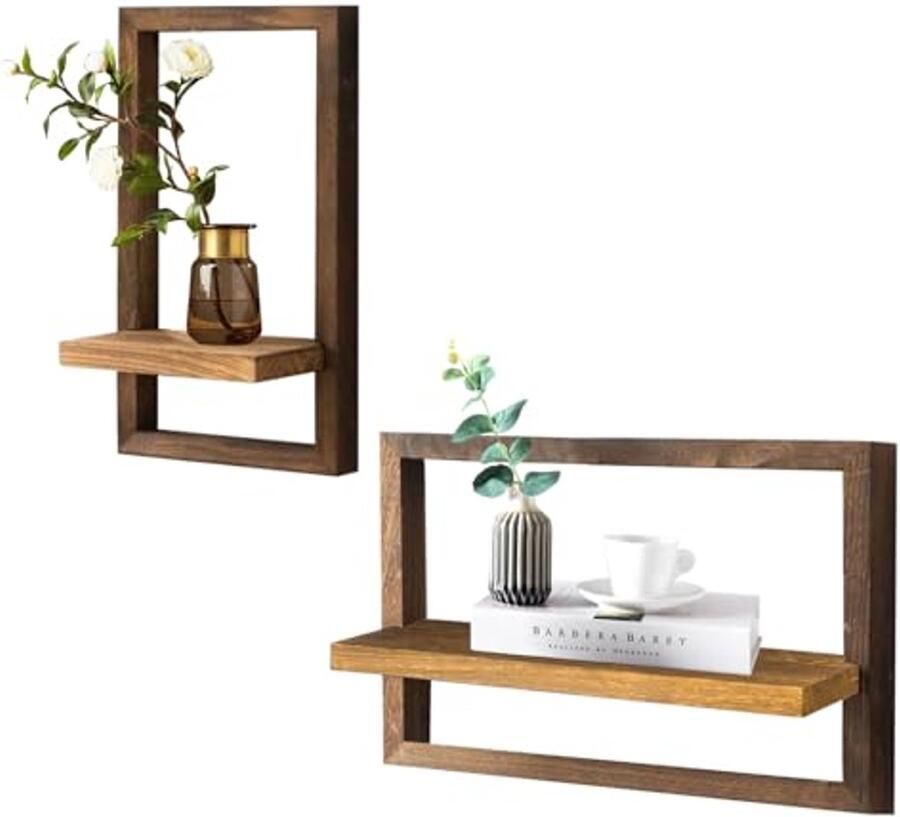 Set van 2 zwevende wandplanken voor muurdecoratie Houten boekenplank en opbergplank in bruin