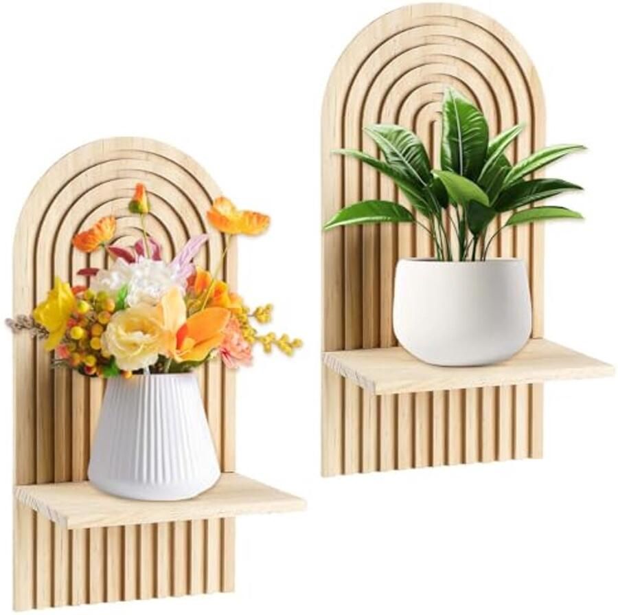 Set van 2 Zwevende Wandplanken voor Wanddecoratie – Boho Houten Rek voor Planten Boeken en Decoraties