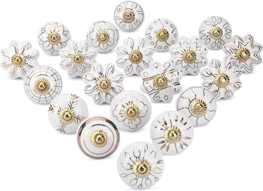 Set van 20 Handgemaakte Keramische Knoppen voor Keukens en Kasten – Wit en Goud Decoratieve Meubelgrepen