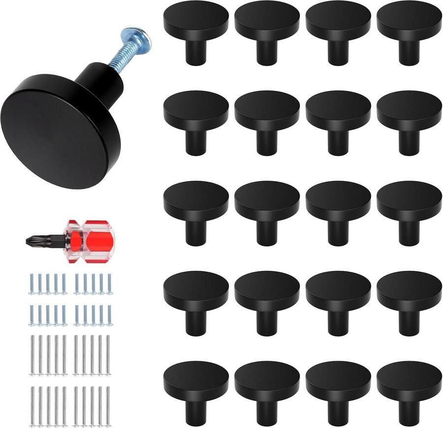 Set van 20 kastknoppen van metaal met 20 korte 20 lange schroeven en schroevendraaiers meubelknoppen zwarte ladeknoppen moderne ronde knop voor kast ladeknoppen