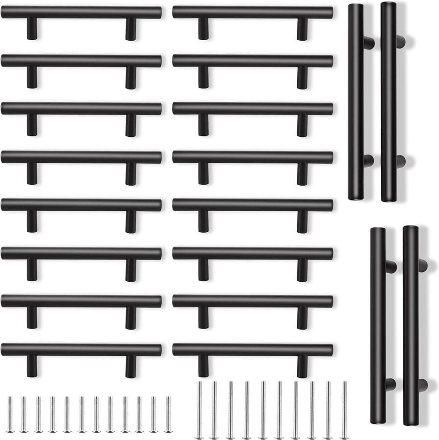 Set van 20 zwarte keukenkasthandgrepen Matzwarte T-bar ladedeurgrepen voor keuken en badkamer
