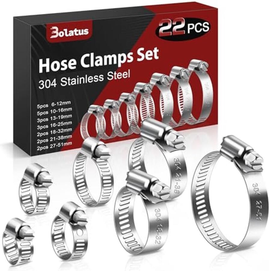 Set van 22 roestvrijstalen slangklemmen 6-51 mm verstelbare schroefklemmen voor zwembad- en tuinslangen