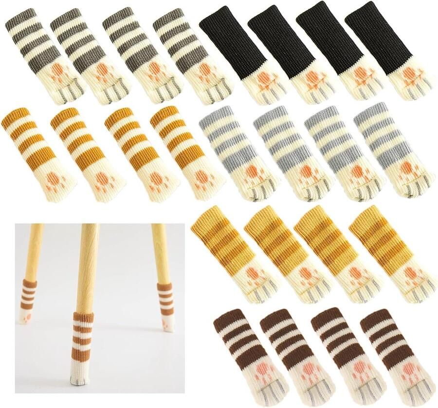 Gebreide Stoelsokken Hoge Elastische Stoelpoot Vloerbeschermers Anti-Geluid Stoel Been Voeten Sokken Schattige Kat Tafel Been Vloer Beschermer Stoel Been Covers Vierkante Stoel 24 Stuks