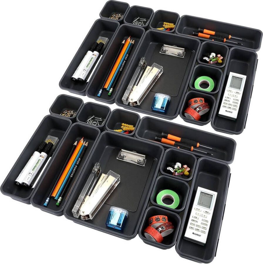 Set van 24 lade-organisatiesysteem kantoor plastic bureau-organizer laden lade-organizer kantoor voor keuken badkamer kantooraccessoires kaptafel slaapkamer zwart