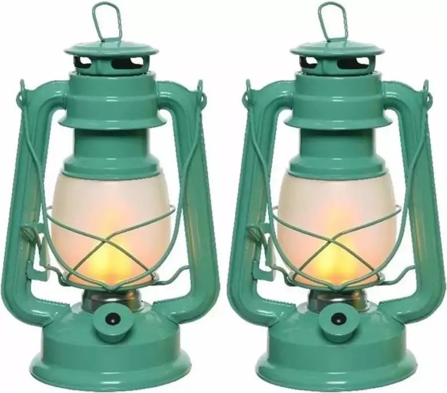 Set van 2x stuks turquoise blauwe LED licht stormlantaarns 24 cm met vlam effect Campinglamp campinglicht Vuur LED lamp