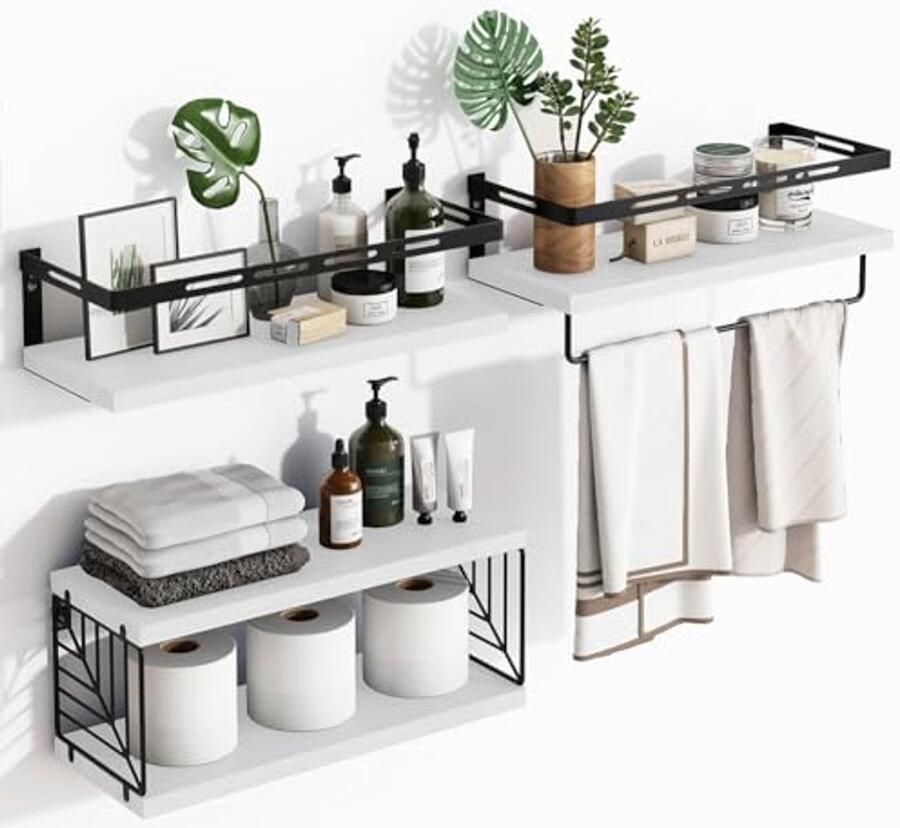 Set van 3 + 1 multifunctionele wandplanken van massief hout en metaal Ruimtebesparende planken voor slaapkamer woonkamer keuken en badkamer