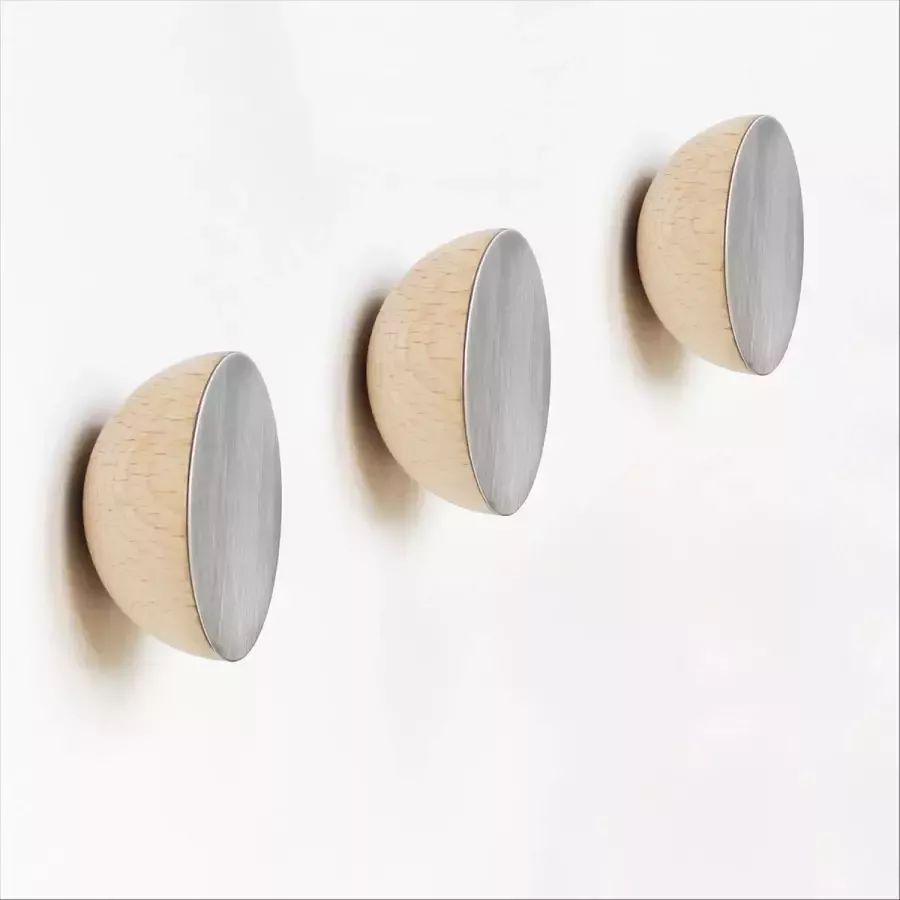 Set van 3 Ø 5cm Ronde Beukenhout & Aluminium Kapstok Jashaak Knop