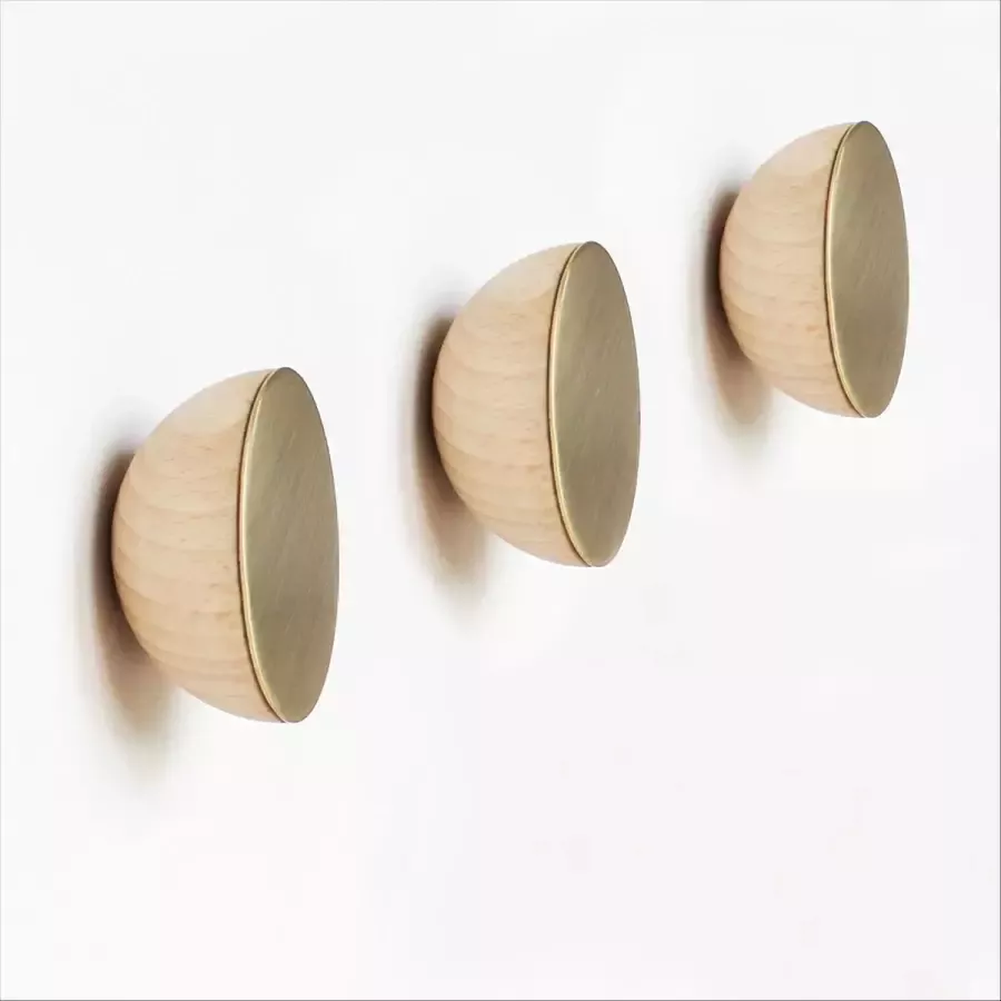 Set van 3 Ø 5cm Ronde Beukenhout & Goudkleurig Messing Kapstok Jashaak Knop