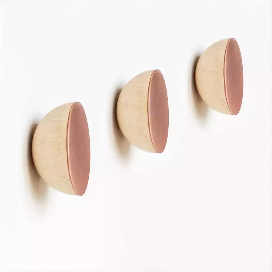 Set van 3 Ø 5cm Ronde Beukenhouten & Koper Kapstok Jashaak Knop