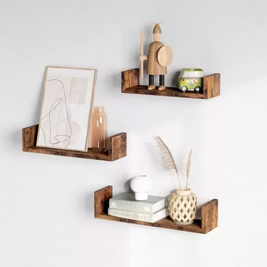 Zwevende U-vorm Wandplanken Set van 3 Vintage Stijl Wandmontage Decoratie Woonkamer Slaapkamer Kantoor Vintage Bruin Wandplanken & -rekken