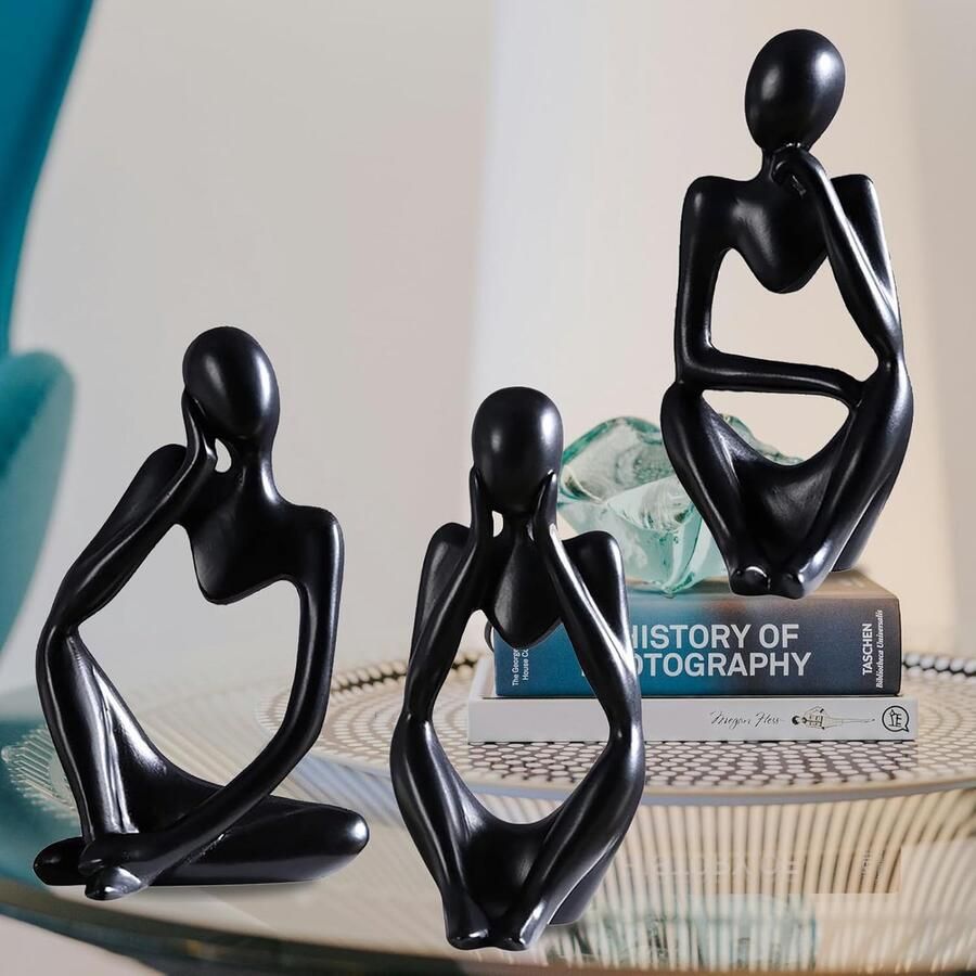 Set van 3 abstracte kunstfiguren standbeelden decoratie denker sculptuur decoratie sculptuur ornamenten voor woonkamer boekenkast eettafel kantoor (zwart)