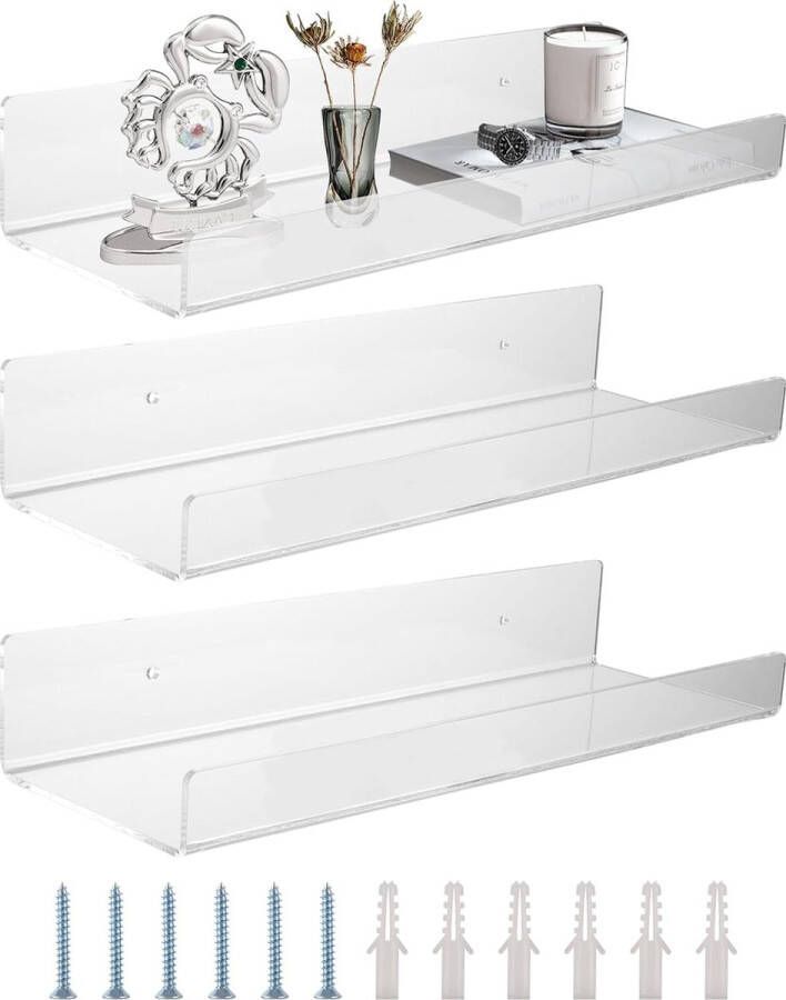 Set van 3 acryl wandplanken transparant 30 x 10 x 5 cm zwevende acrylplank plankwandhouder van acryl keukenplankwand zonder boren plexiglas plank decoratieve schilderijrail voor woonkamer