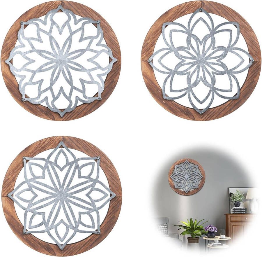 Set van 3 Boho Decoratieve Outdoor Wanddecoratie Tuinset 30x30x2cm Balkon Wanddecoratie Metaal met Houten Frame Wanddecoratie Vintage Patio Weerbestendig voor Tuin Keuken Slaapkamer Gang