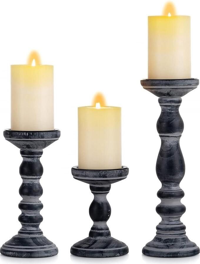 Set van 3 decoratieve houten kandelaarhouders Rustieke Kaarsenhouder voor pijlerkaarsen Open haard mantel decoratie Boerderijstijl Zwart 15 21 30cm