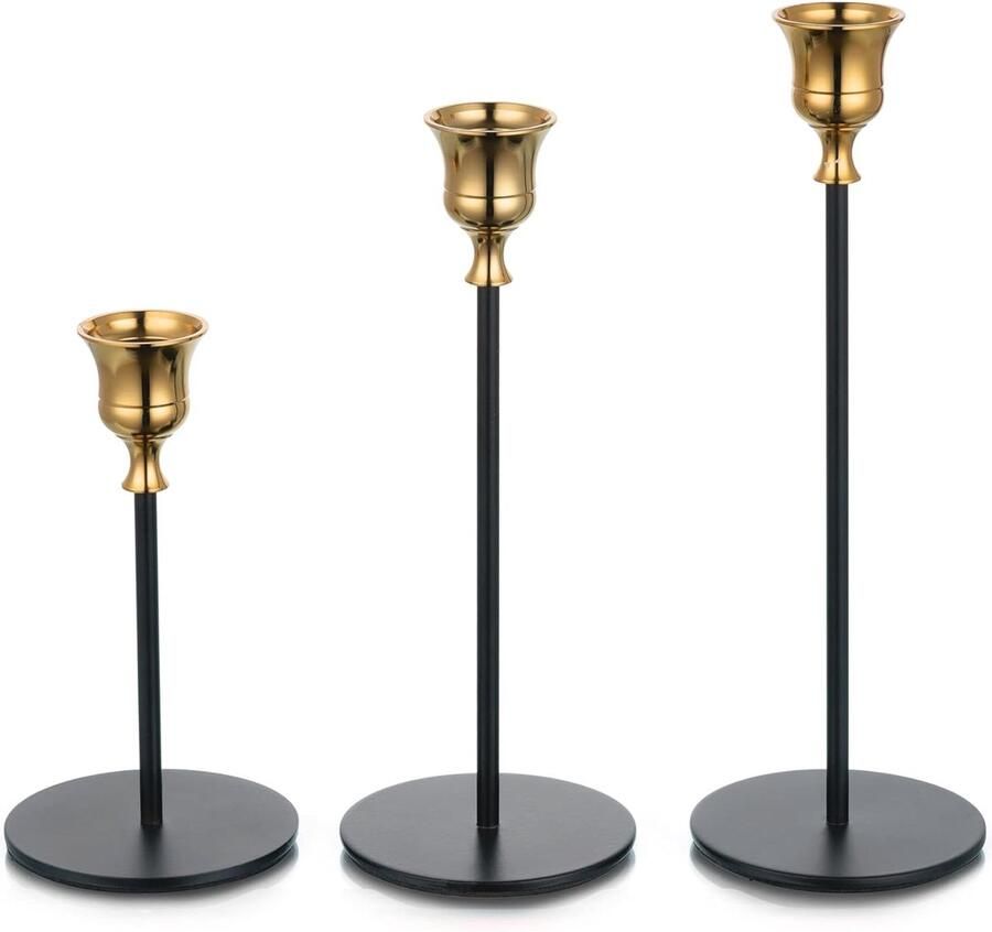 Set van 3 Decoratieve Kandelaarshouders voor Taper Kaarsen Goud en Zwart voor Thuis Eettafel en Kerstdecoratie