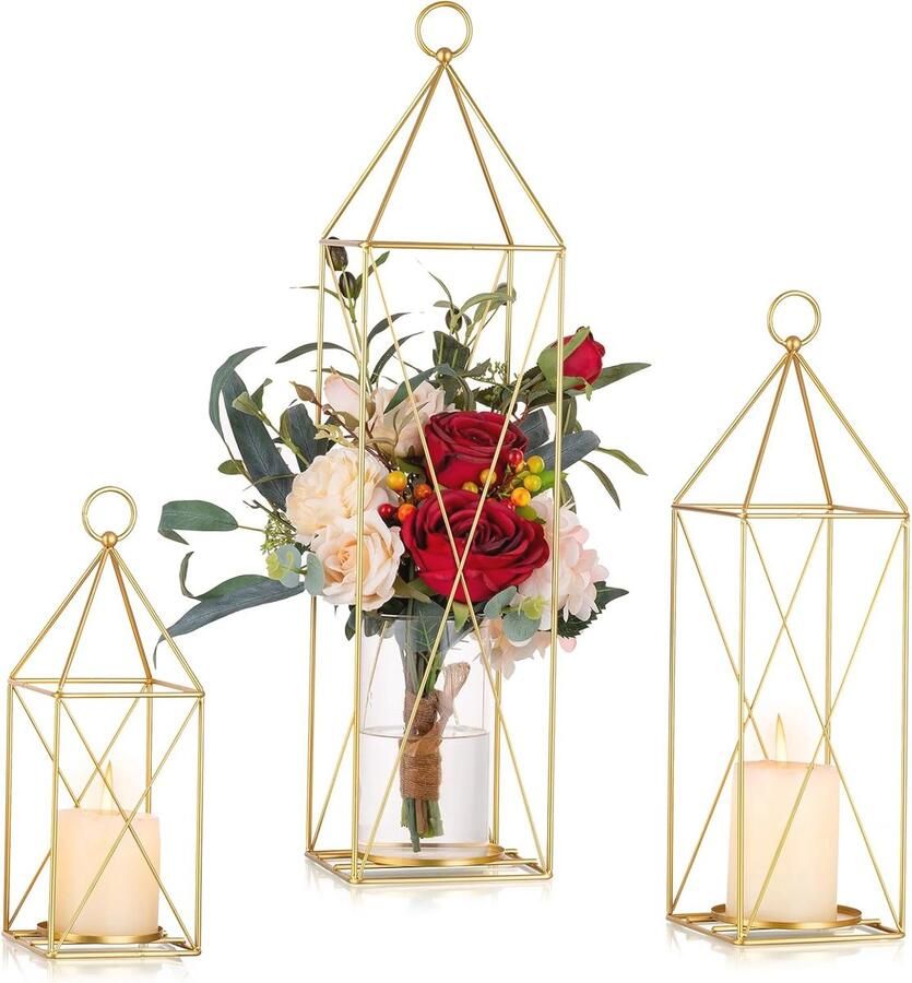 Set van 3 Decoratieve Kandelaren voor Tafel en Vloer Gouden Metalen Lantaarns voor Bruiloft en Feestdecoratie