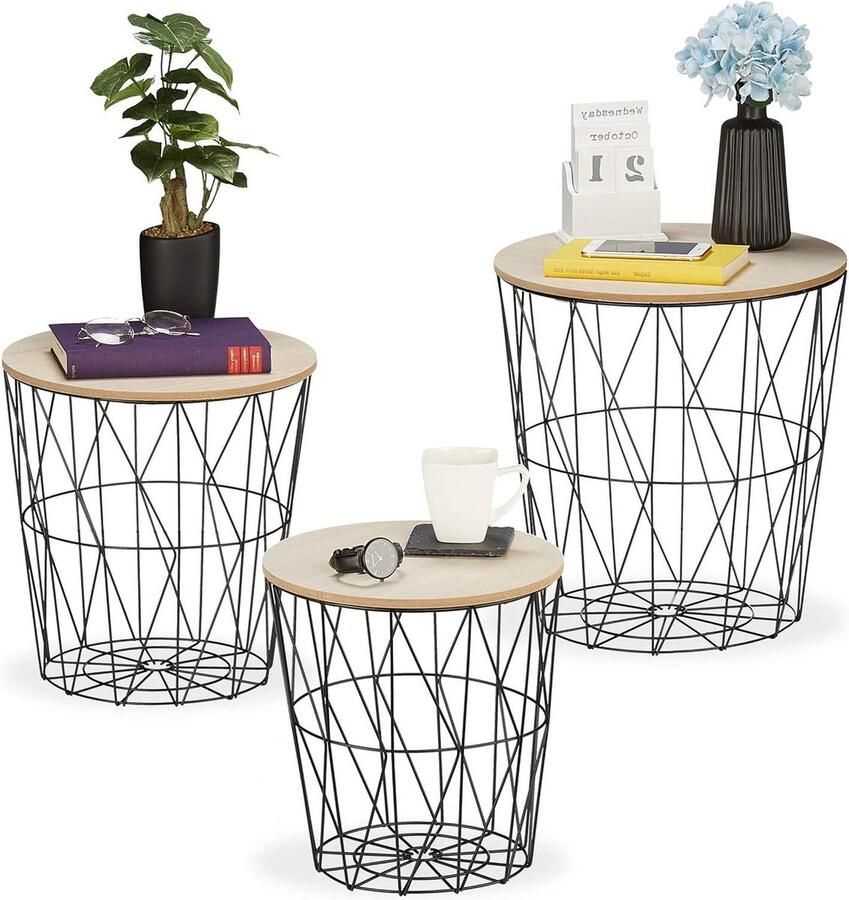 Set van 3 Draadmand Bijzettafels Metaal en Houtlook Verschillende Groottes Zwart Salon- en Woonkamer