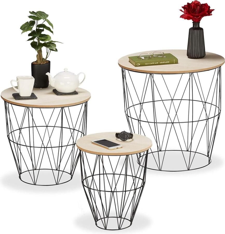 Set van 3 Draadmand Bijzettafels Metaal & Houtlook Zwart Verschillende Groottes