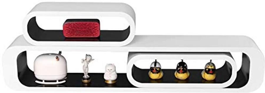 Set van 3 Drijvende Wandplanken in Ellipsvorm Wit en Zwart Ruimtebesparende Decoratie voor Slaapkamer Woonkamer Keuken en Kantoor
