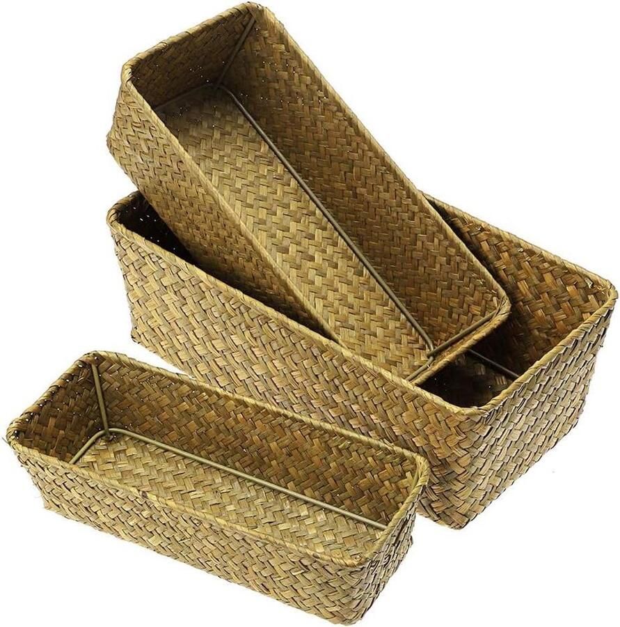 Set van 3 Geweven Zeegras Opbergmanden Rechthoekige Organisator Box voor Planken & Bureau Decoratie Geschikt voor Zonnestoelen briefpapier Speelgoed Cosmetica Boeken Natuurlijke Kleur