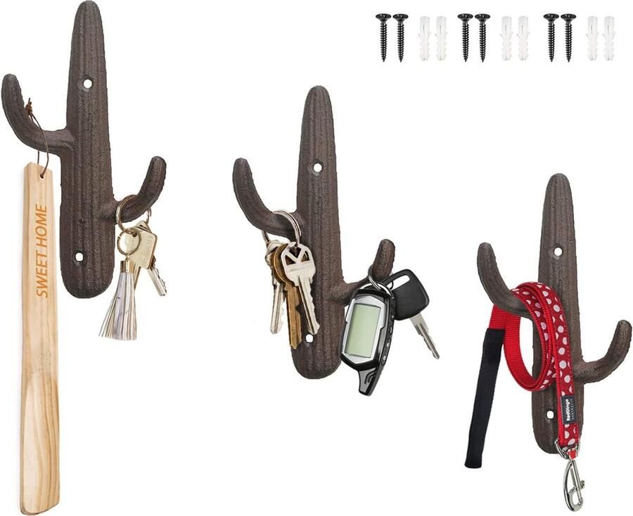 Set van 3 Gietijzeren Cactus Dubbele Muurhaken beugels Decoratieve muurhaken voor jassen tassen handdoeken en meer met schroeven en ankers Kleur Rustiek Bruin