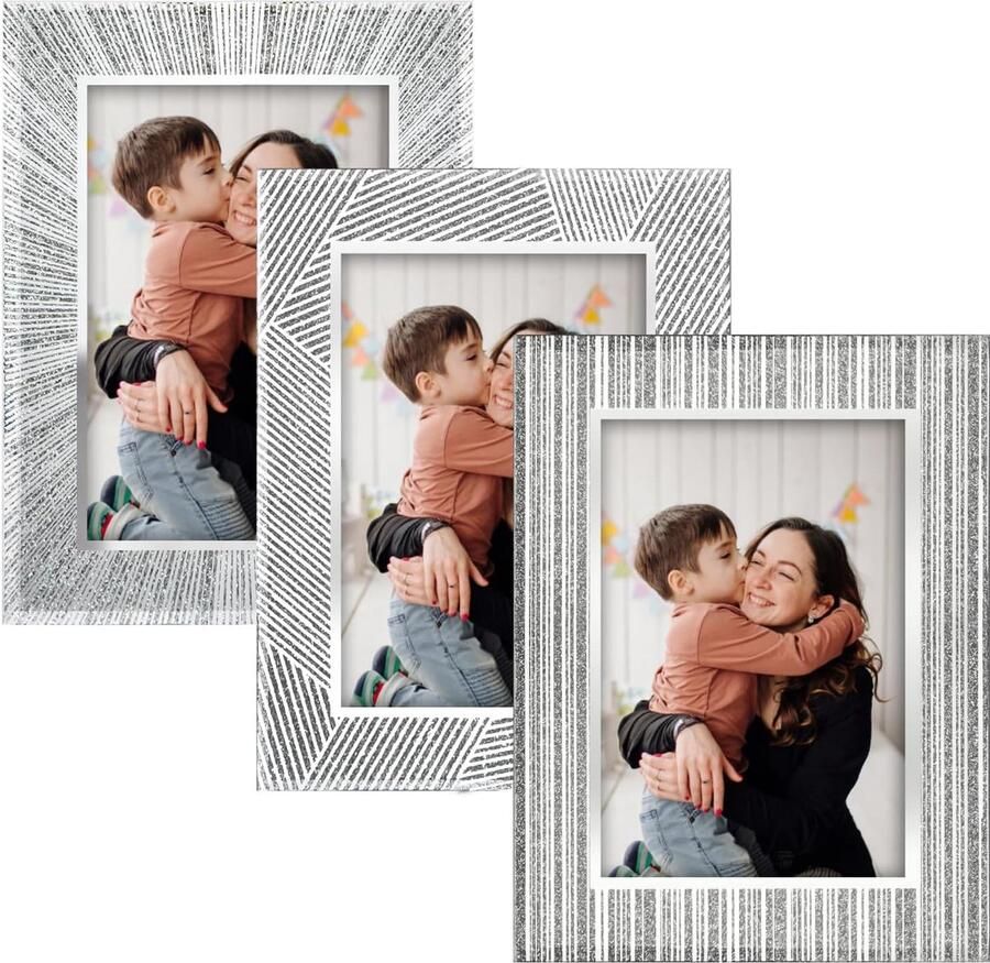 Set van 3 glazen fotolijsten 10 x 15 cm met zilveren glitter glanzende fotolijst voor tafel perfect voor babyfoto's familiefoto's en trouwfoto's