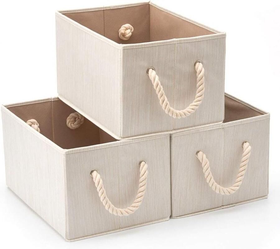 Set van 3 Grote Bamboe Stoffen Opbergdoos Organizers met Handgrepen Opvouwbare Opbergmanden voor Kast Planken Kamers (Beige)
