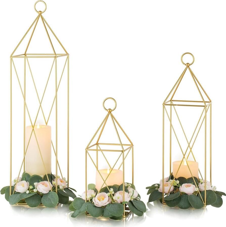 Set van 3 Grote Gouden Metalen Kaarslantaarns voor Modern Boerderij Decor Perfect voor Veranda Tafel Bruiloft en Feestdagen