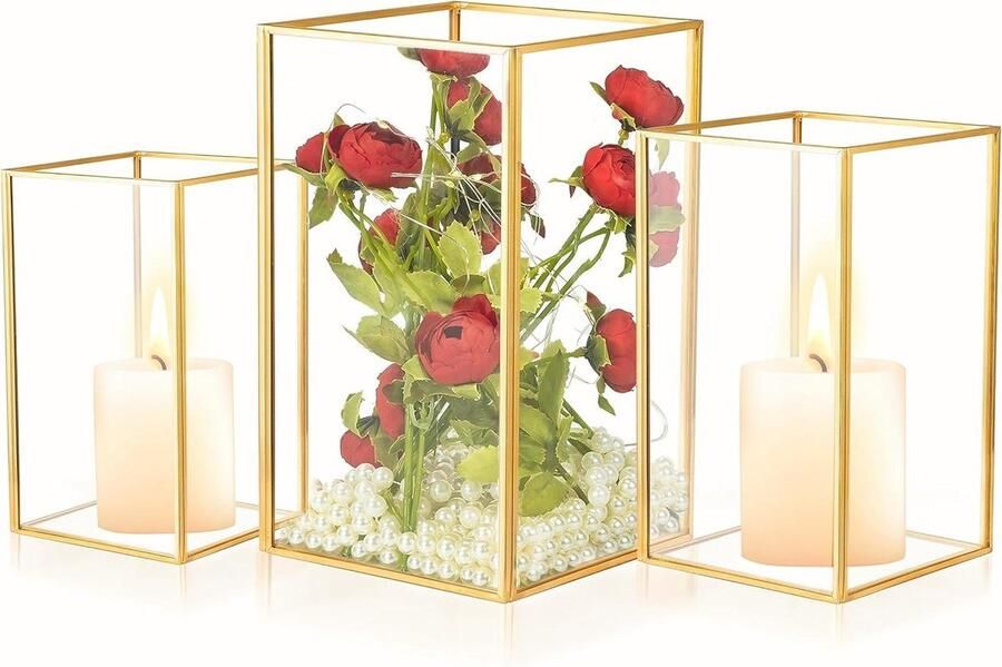 Set van 3 grote hurricane glazen kaarsenhouders decoratief voor tafel middenstuk rechthoekige gouden lantaarns helder glazen kandelaar voor bruiloft en vakantie thuis gold candle holders