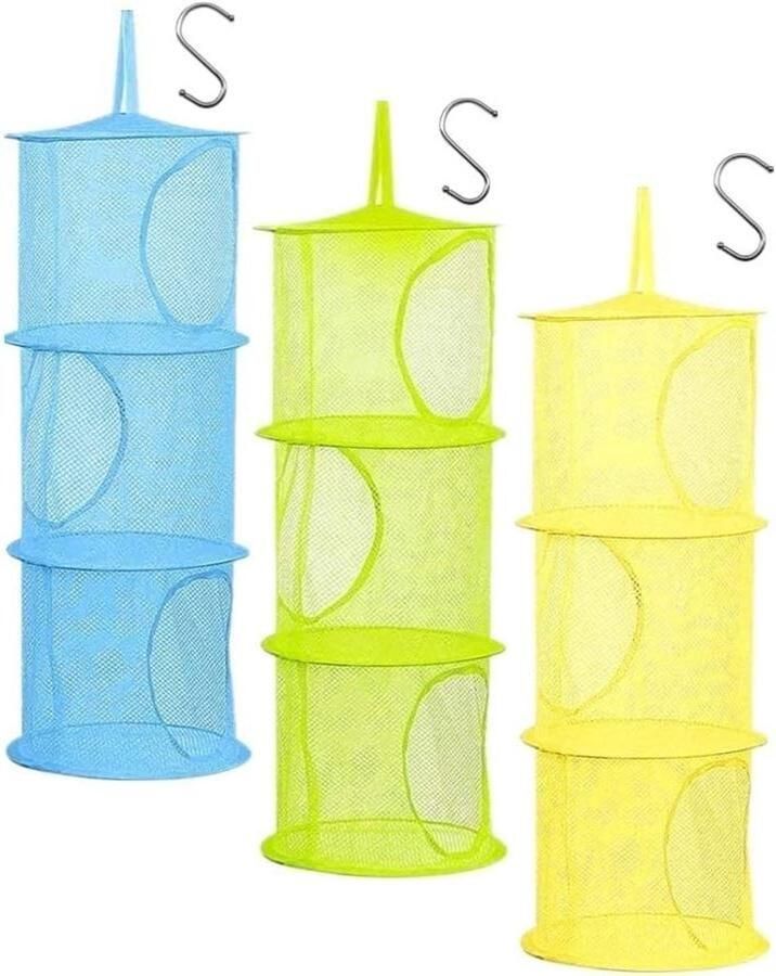 Set van 3 hangende opbergmanden voor kinderen speelgoedorganizer met 3 niveaus draagbaar en opvouwbaar blauw groen geel opbergsysteem voor kleine kleding