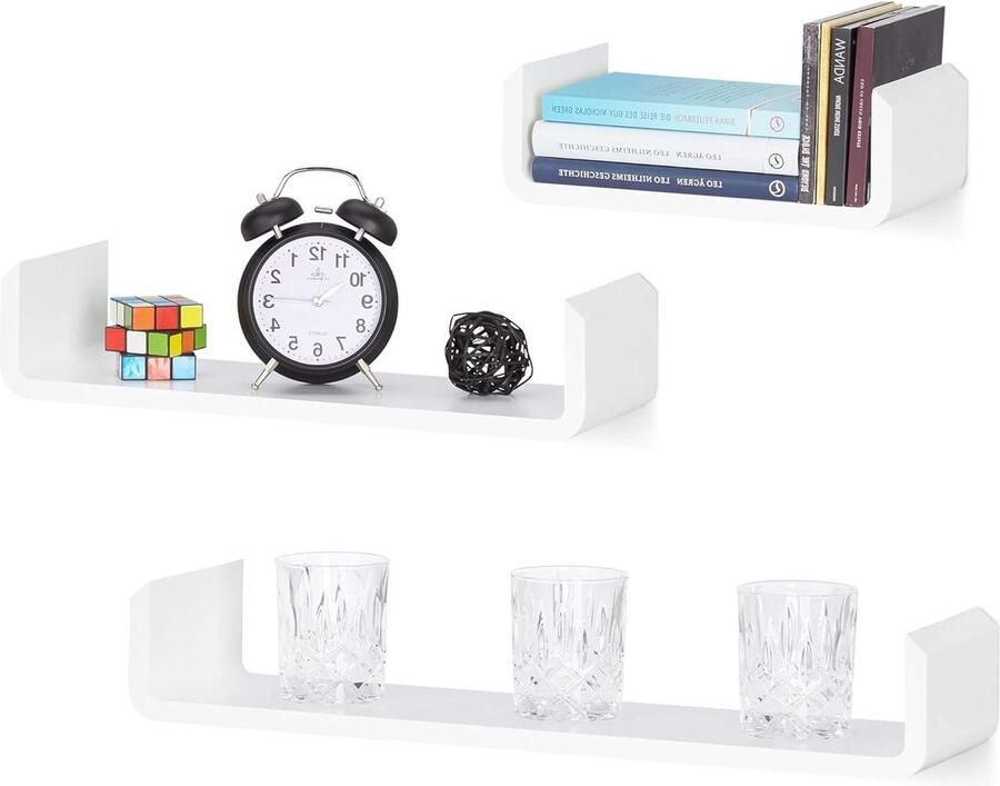 Plank 3-delige set hangrek muur wandplank hout kruidenrek hangend wandrek U-vorm MDF wit opbergsysteem badkamer