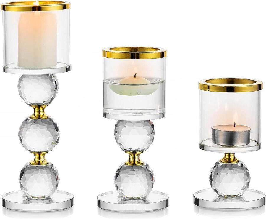 Set van 3 helderglazen kandelaarhouders Theelichtkandelaar voor Candlelight Dinner Tafel Centerpiece voor bruiloft Decoratie voor huwelijksgeschenken Gouden Pillar Candle Holder