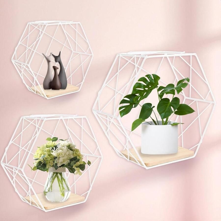 Set van 3 hexagon wandplanken met houten vloeren Elegante witte hangrekken voor woonkamer en slaapkamer hexagon shelves