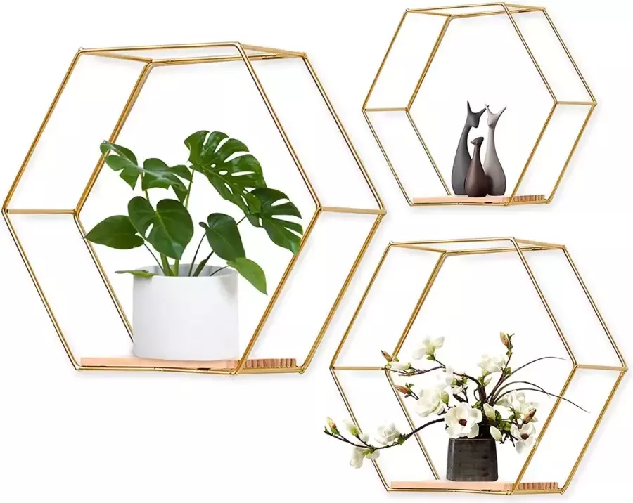 Set van 3 hexagon wandrek hangrek metaal en hout twee rek wandopbergrek organizer voor keukenrek badkamer slaapkamer wanddecoratie (goud)