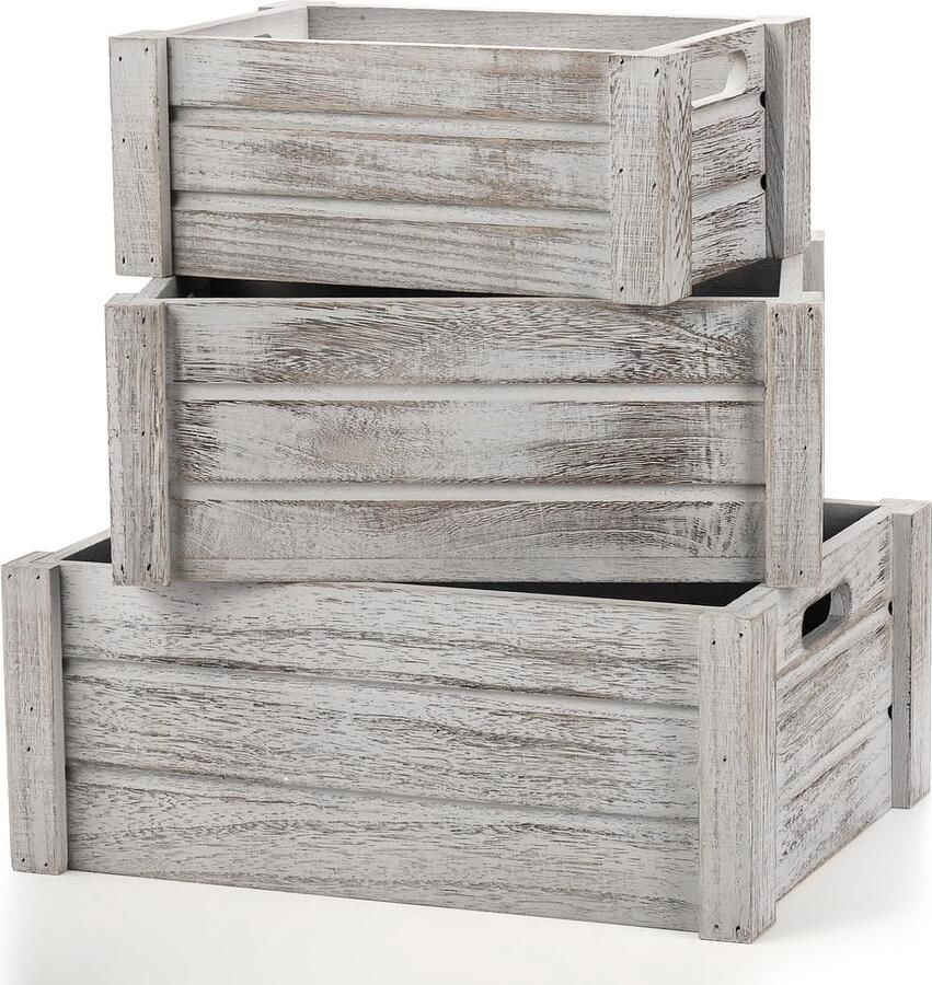 Set van 3 houten kratten met handgrepen rustieke nestkast decoratieve houten mandbakken voor fruit groenten huis wasgoed boerderij 3 maten