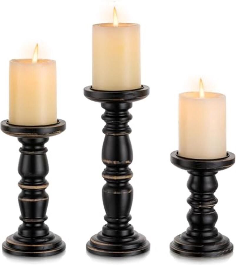 Set van 3 Houten Pijlerkaarsenhouders Rustieke Decoratie voor Tafel en Open Haard
